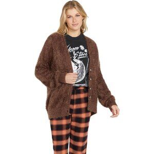 Womens Fuzzigan Loose Fit Cardigan Knitted Button Front Cozy Casual